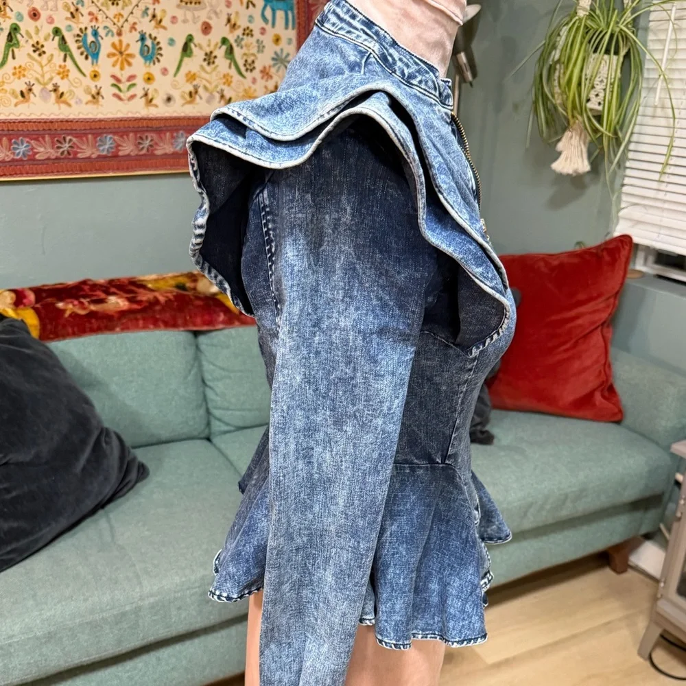 Vintage Blue Jean stretch Lady GaGa peplum feminine Jacket Small - Picture 9 of 13